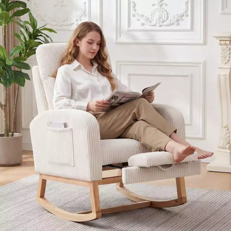 Nursery Rocking Chair with Adjustable Footrest - Tufted Upholstered Glider Rocker with Side Pocket for Living Room, Bedroom, Baby Nursery