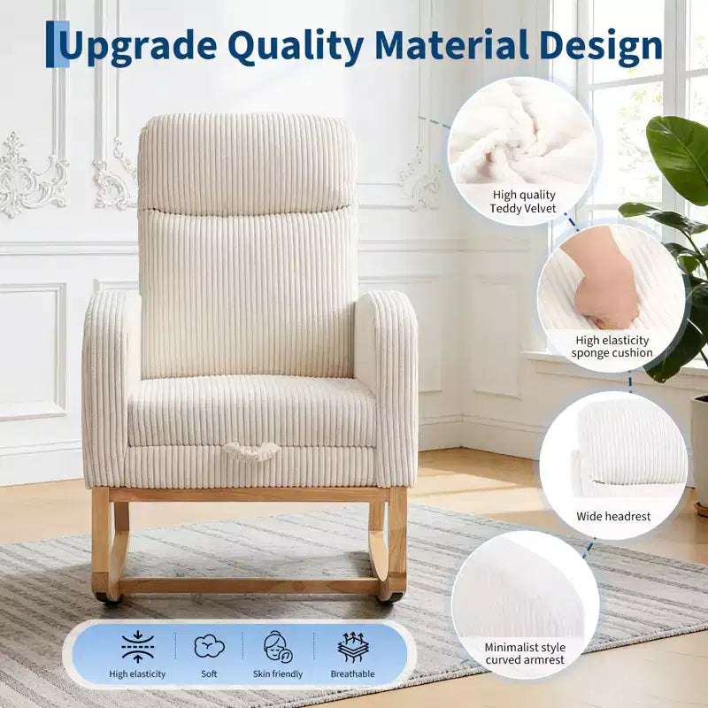 Nursery Rocking Chair with Adjustable Footrest - Tufted Upholstered Glider Rocker with Side Pocket for Living Room, Bedroom, Baby Nursery