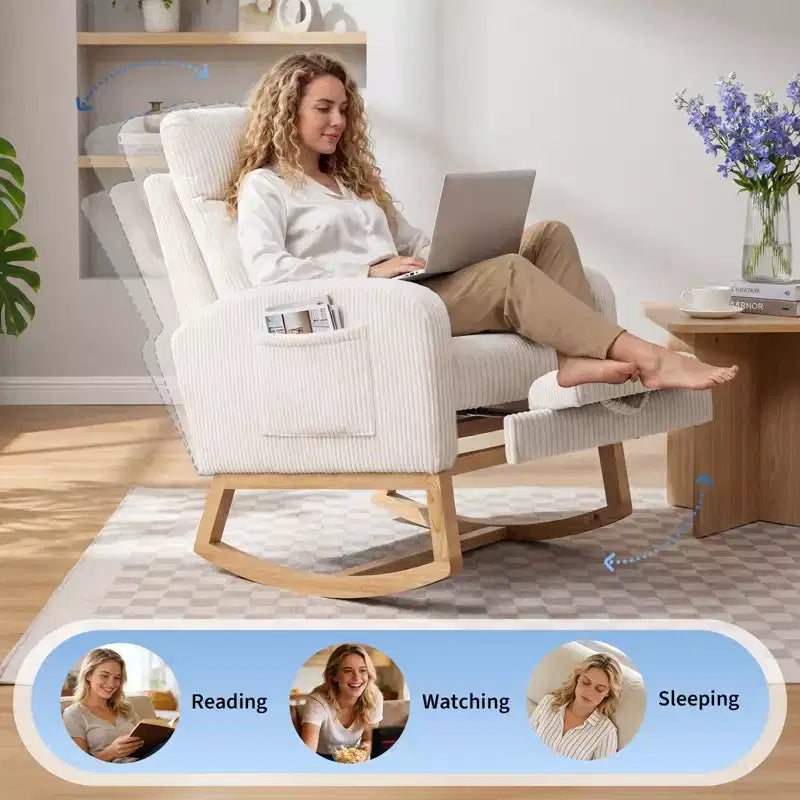 Nursery Rocking Chair with Adjustable Footrest - Tufted Upholstered Glider Rocker with Side Pocket for Living Room, Bedroom, Baby Nursery