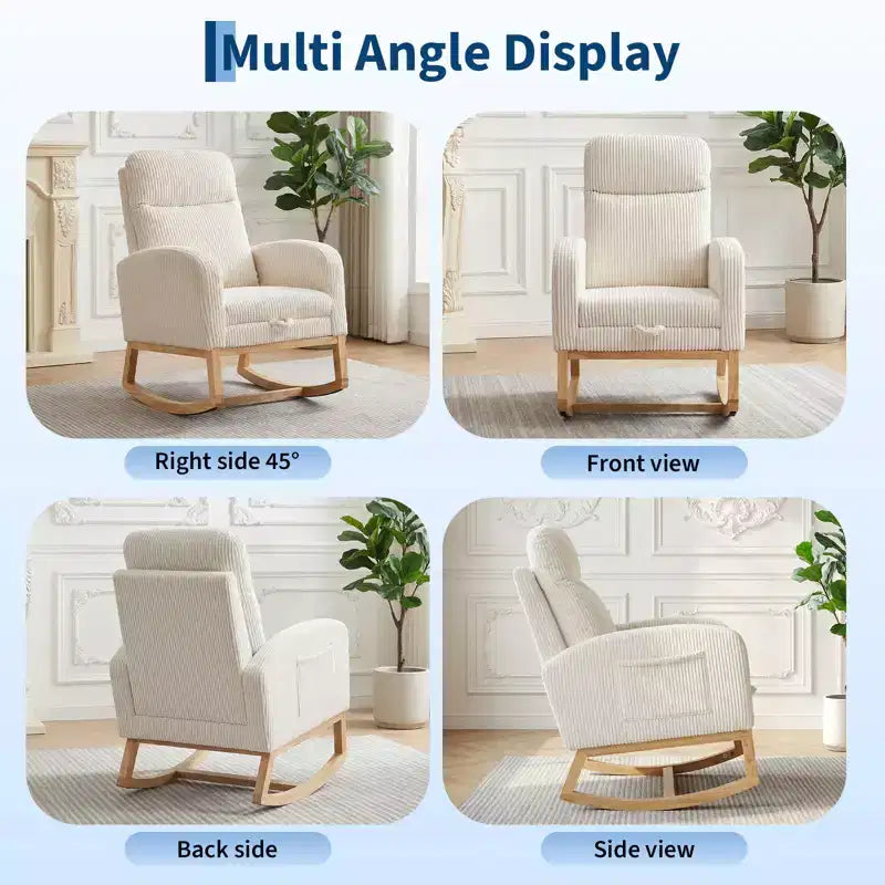 Nursery Rocking Chair with Adjustable Footrest - Tufted Upholstered Glider Rocker with Side Pocket for Living Room, Bedroom, Baby Nursery