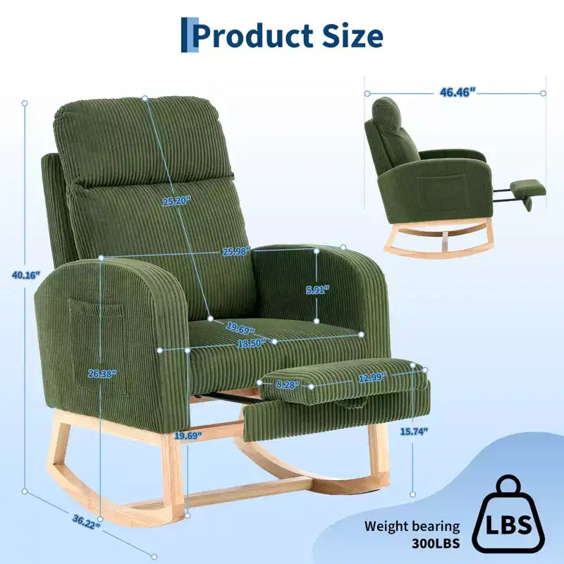 Nursery Rocking Chair with Adjustable Footrest - Tufted Upholstered Glider Rocker with Side Pocket for Living Room, Bedroom, Baby Nursery