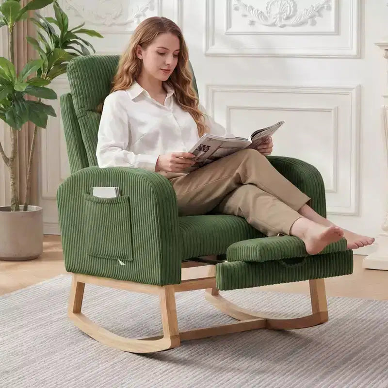 Nursery Rocking Chair with Adjustable Footrest - Tufted Upholstered Glider Rocker with Side Pocket for Living Room, Bedroom, Baby Nursery