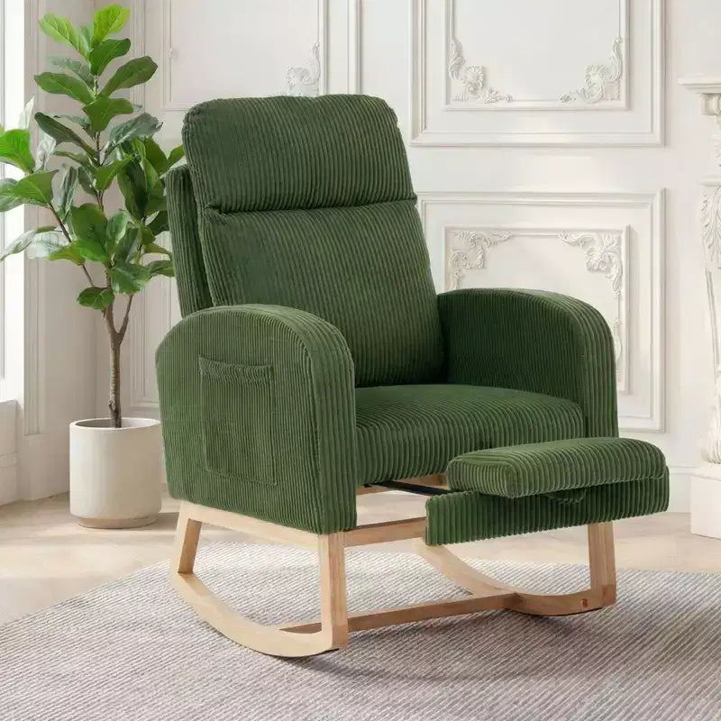 Nursery Rocking Chair with Adjustable Footrest - Tufted Upholstered Glider Rocker with Side Pocket for Living Room, Bedroom, Baby Nursery
