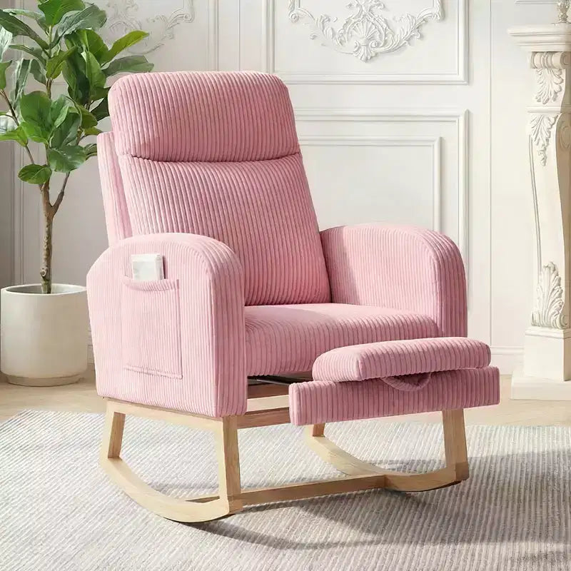 Nursery Rocking Chair with Adjustable Footrest - Tufted Upholstered Glider Rocker with Side Pocket for Living Room, Bedroom, Baby Nursery