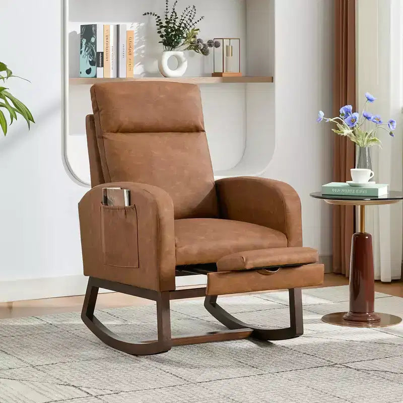 Nursery Rocking Chair with Adjustable Footrest - Tufted Upholstered Glider Rocker with Side Pocket for Living Room, Bedroom, Baby Nursery
