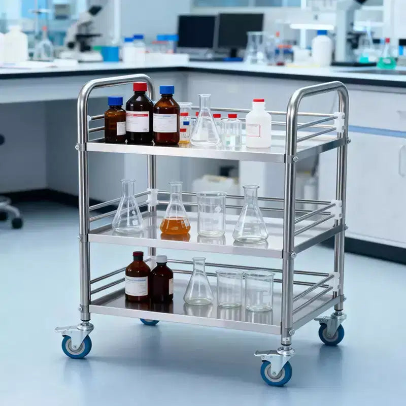 VEVOR Stainless Steel Cart, 3-Tier Rolling Lab Utility Cart with Lockable Wheels, Medical Serving Trolley Clinic Tray, Silver