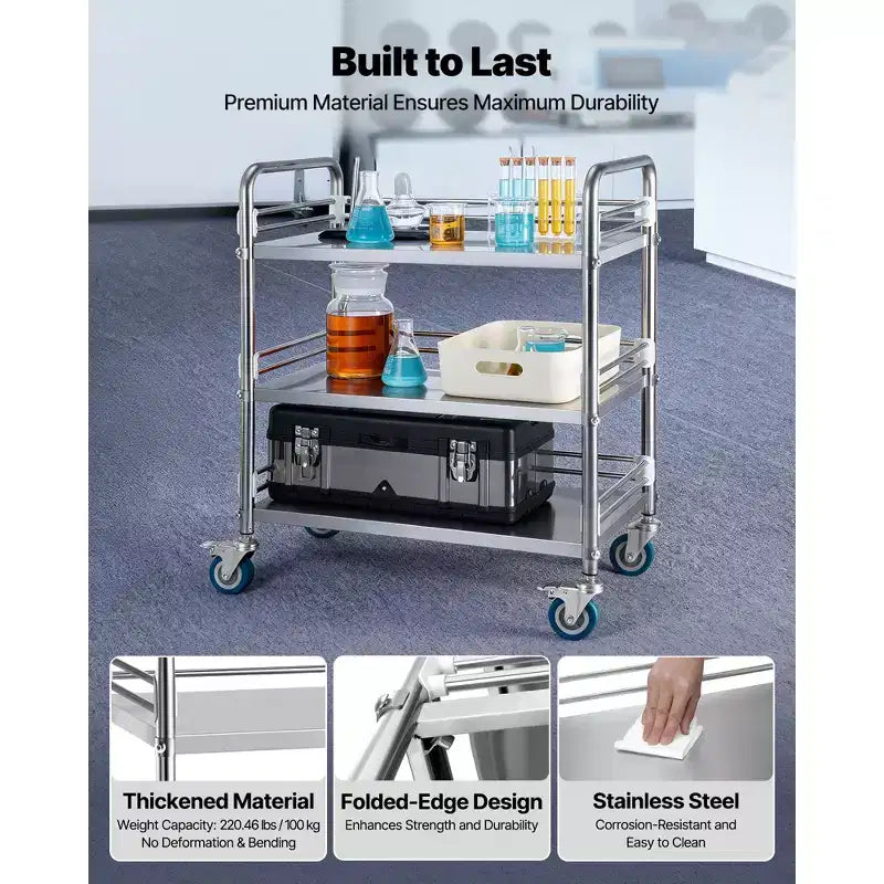 VEVOR Stainless Steel Cart, 3-Tier Rolling Lab Utility Cart with Lockable Wheels, Medical Serving Trolley Clinic Tray, Silver