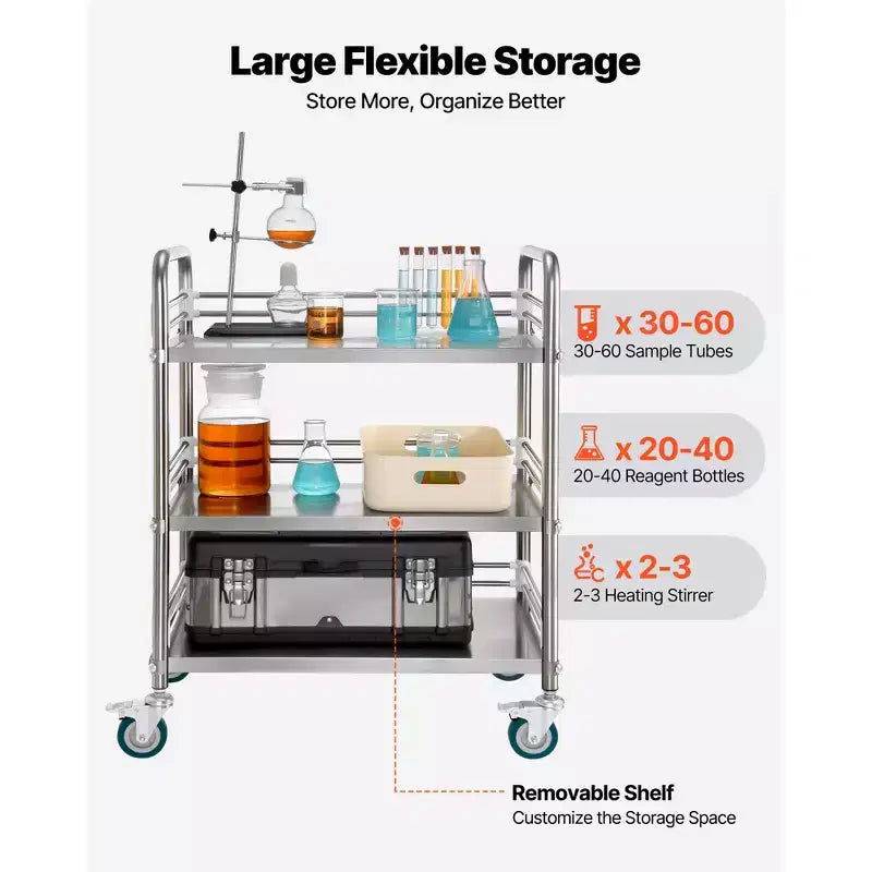 VEVOR Stainless Steel Cart, 3-Tier Rolling Lab Utility Cart with Lockable Wheels, Medical Serving Trolley Clinic Tray, Silver