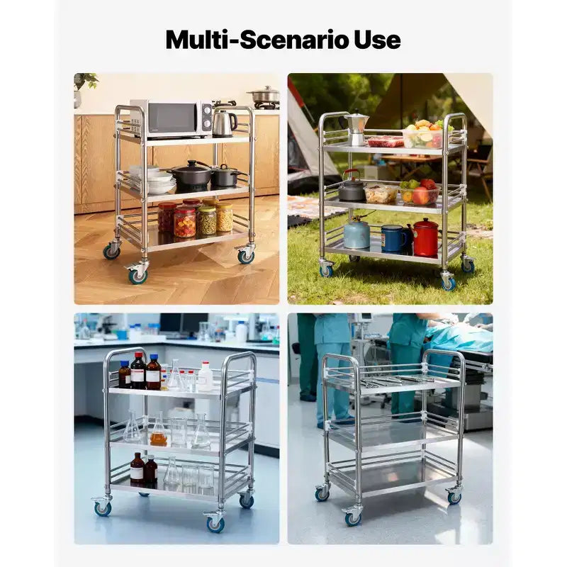 VEVOR Stainless Steel Cart, 3-Tier Rolling Lab Utility Cart with Lockable Wheels, Medical Serving Trolley Clinic Tray, Silver