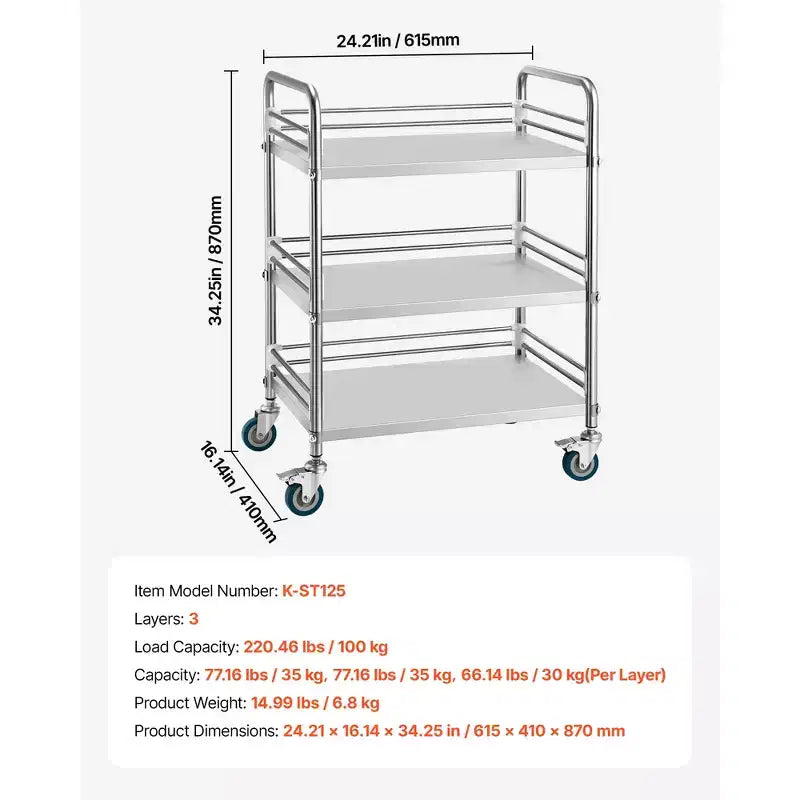 VEVOR Stainless Steel Cart, 3-Tier Rolling Lab Utility Cart with Lockable Wheels, Medical Serving Trolley Clinic Tray, Silver