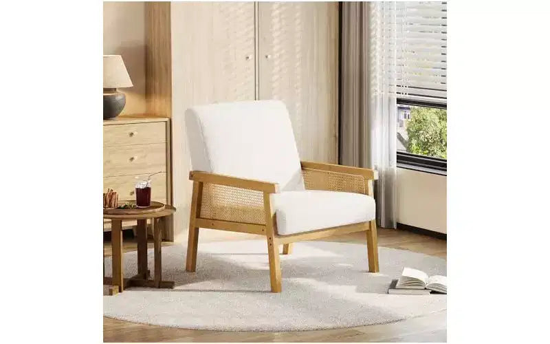 GustoWave PU Leather Accent Chair - Rattan Armchair with Wooden Armrest and Legs, Upholstered Reading Chair for Living Room/Bedroom/Reading Room
