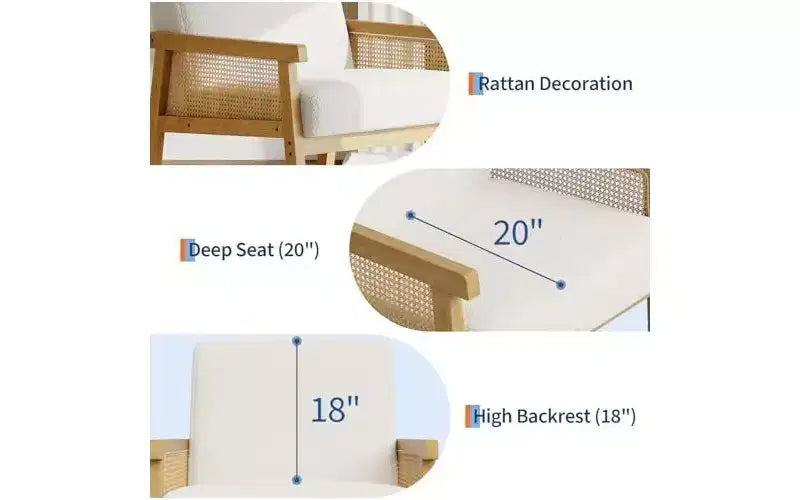 GustoWave PU Leather Accent Chair - Rattan Armchair with Wooden Armrest and Legs, Upholstered Reading Chair for Living Room/Bedroom/Reading Room