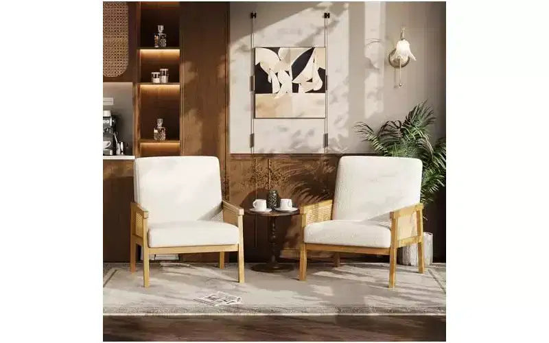 GustoWave PU Leather Accent Chair - Rattan Armchair with Wooden Armrest and Legs, Upholstered Reading Chair for Living Room/Bedroom/Reading Room