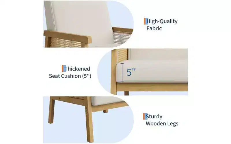 GustoWave PU Leather Accent Chair - Rattan Armchair with Wooden Armrest and Legs, Upholstered Reading Chair for Living Room/Bedroom/Reading Room
