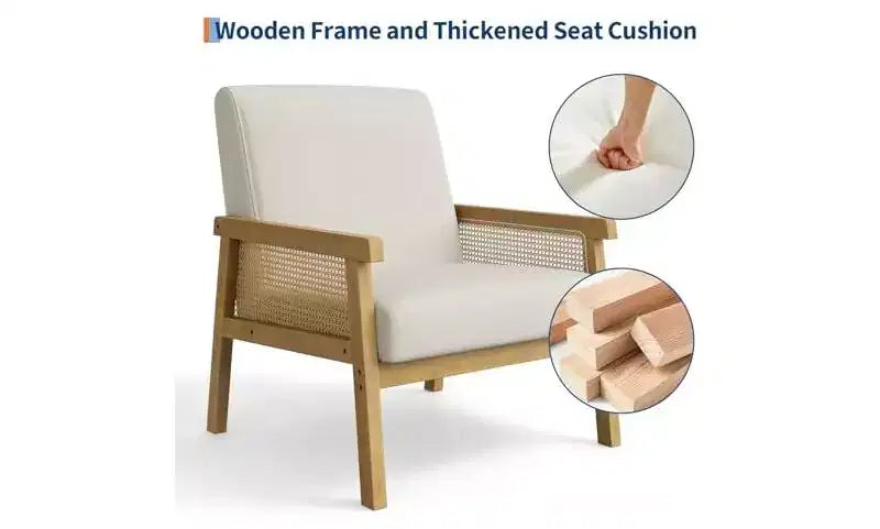 GustoWave PU Leather Accent Chair - Rattan Armchair with Wooden Armrest and Legs, Upholstered Reading Chair for Living Room/Bedroom/Reading Room