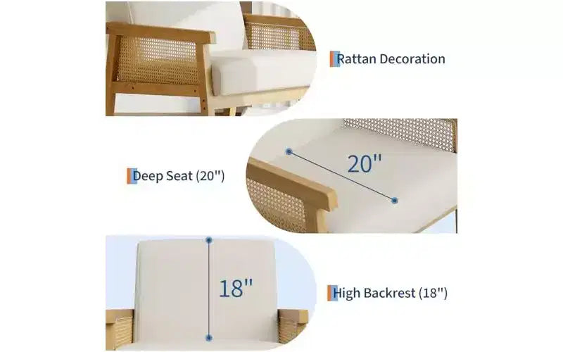 GustoWave PU Leather Accent Chair - Rattan Armchair with Wooden Armrest and Legs, Upholstered Reading Chair for Living Room/Bedroom/Reading Room