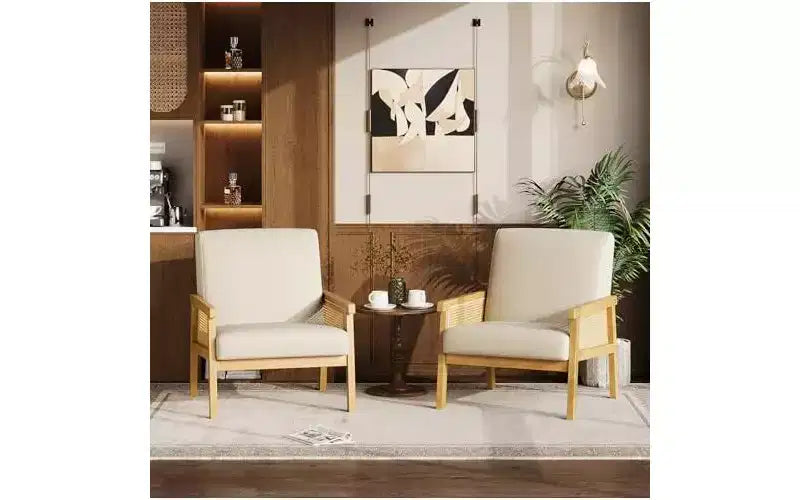 GustoWave PU Leather Accent Chair - Rattan Armchair with Wooden Armrest and Legs, Upholstered Reading Chair for Living Room/Bedroom/Reading Room
