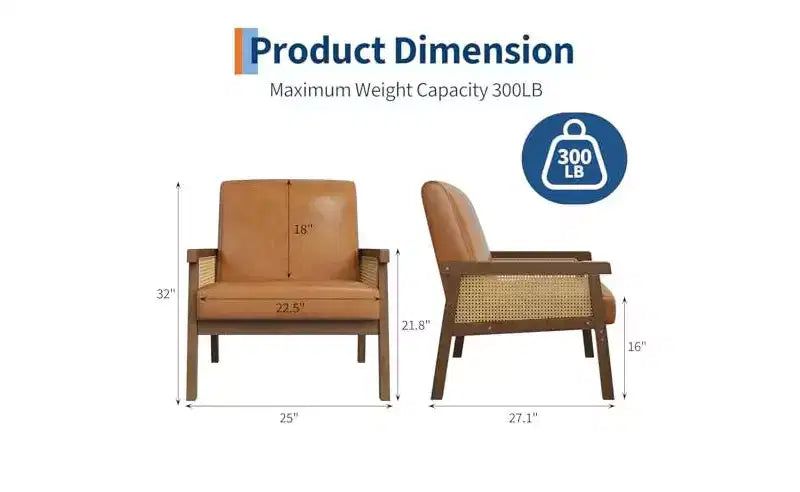 GustoWave PU Leather Accent Chair - Rattan Armchair with Wooden Armrest and Legs, Upholstered Reading Chair for Living Room/Bedroom/Reading Room