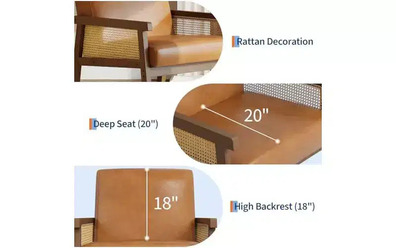 GustoWave PU Leather Accent Chair - Rattan Armchair with Wooden Armrest and Legs, Upholstered Reading Chair for Living Room/Bedroom/Reading Room
