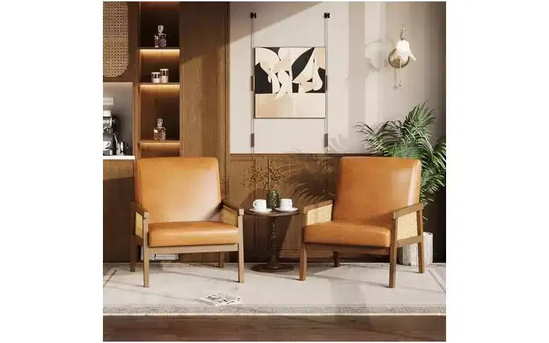 GustoWave PU Leather Accent Chair - Rattan Armchair with Wooden Armrest and Legs, Upholstered Reading Chair for Living Room/Bedroom/Reading Room