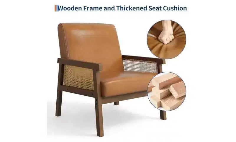 GustoWave PU Leather Accent Chair - Rattan Armchair with Wooden Armrest and Legs, Upholstered Reading Chair for Living Room/Bedroom/Reading Room