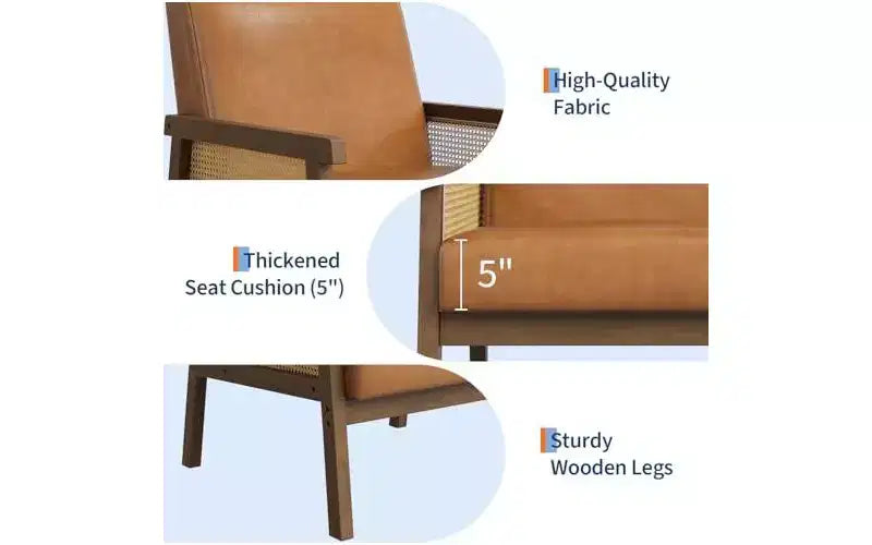 GustoWave PU Leather Accent Chair - Rattan Armchair with Wooden Armrest and Legs, Upholstered Reading Chair for Living Room/Bedroom/Reading Room