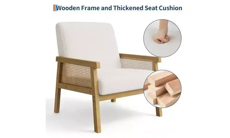 GustoWave PU Leather Accent Chair - Rattan Armchair with Wooden Armrest and Legs, Upholstered Reading Chair for Living Room/Bedroom/Reading Room