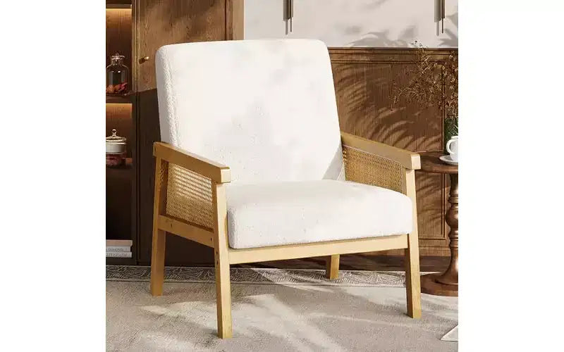GustoWave PU Leather Accent Chair - Rattan Armchair with Wooden Armrest and Legs, Upholstered Reading Chair for Living Room/Bedroom/Reading Room