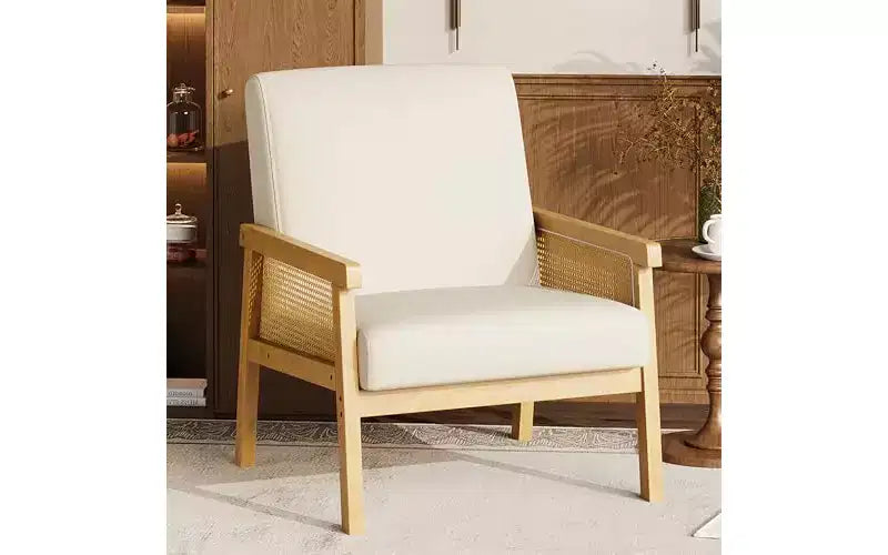 GustoWave PU Leather Accent Chair - Rattan Armchair with Wooden Armrest and Legs, Upholstered Reading Chair for Living Room/Bedroom/Reading Room