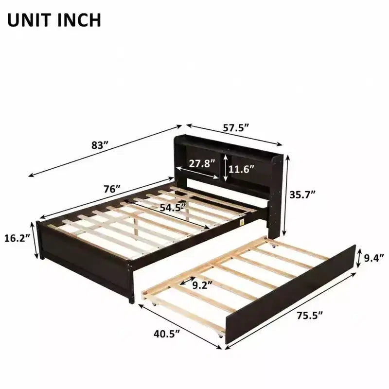 Whisen Full Size Bed & Bed Frame with Trundle and Bookcase Headboard