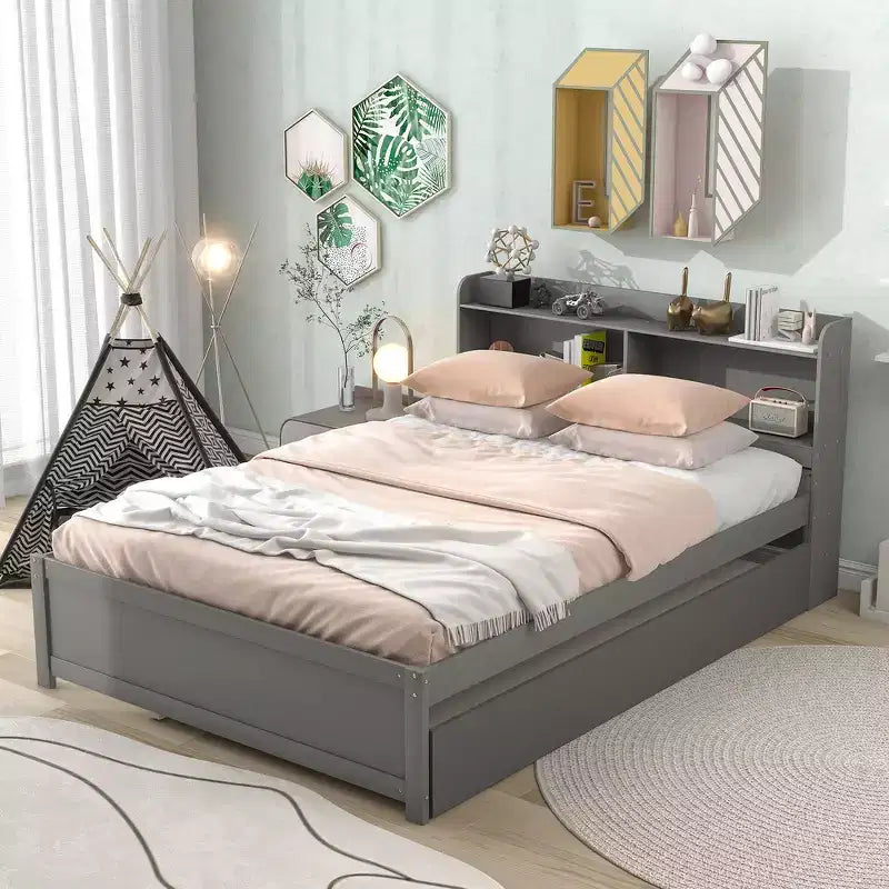 Whisen Full Size Bed & Bed Frame with Trundle and Bookcase Headboard
