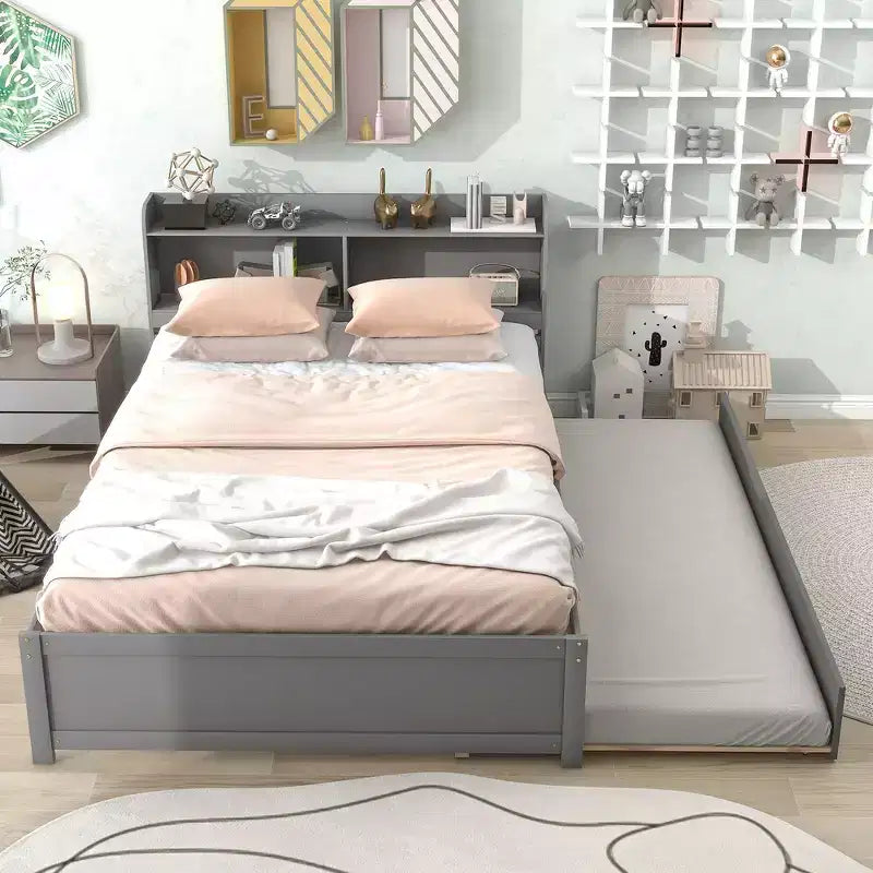 Whisen Full Size Bed & Bed Frame with Trundle and Bookcase Headboard