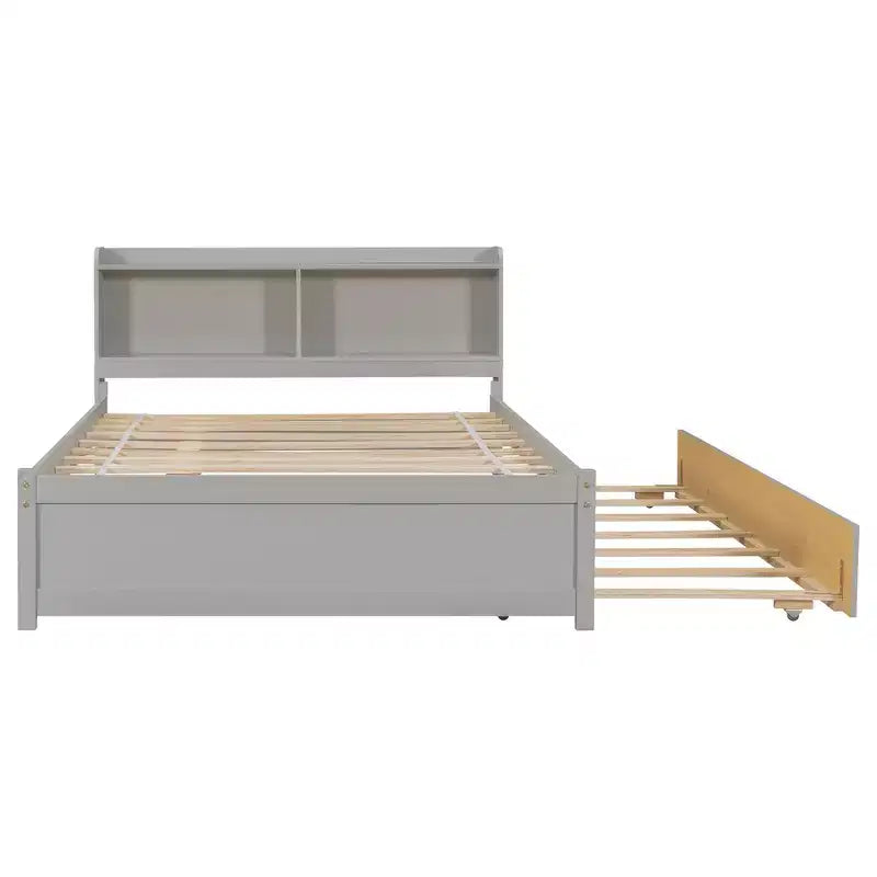Whisen Full Size Bed & Bed Frame with Trundle and Bookcase Headboard