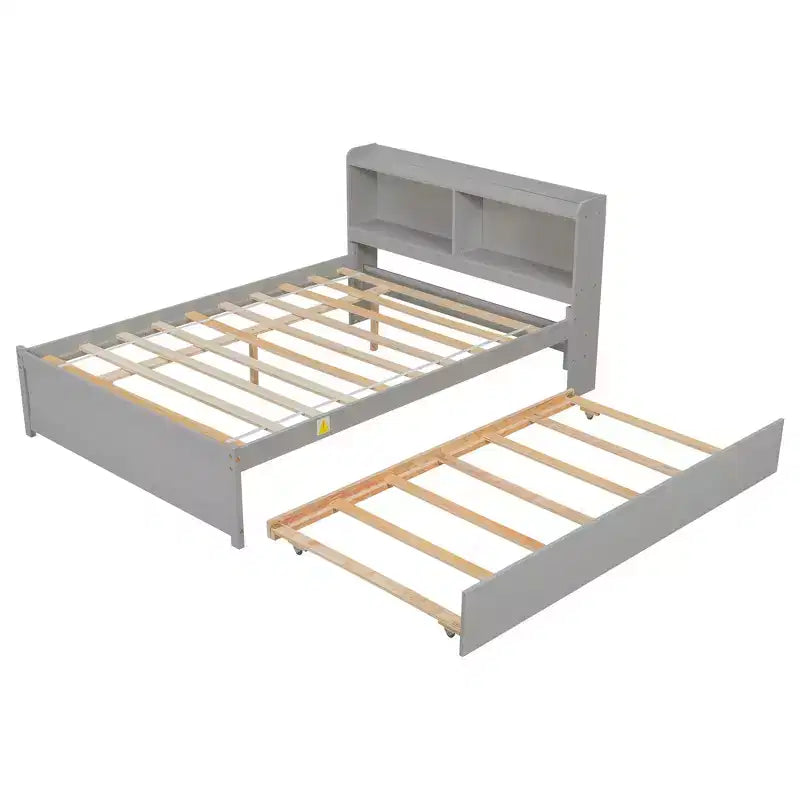 Whisen Full Size Bed & Bed Frame with Trundle and Bookcase Headboard