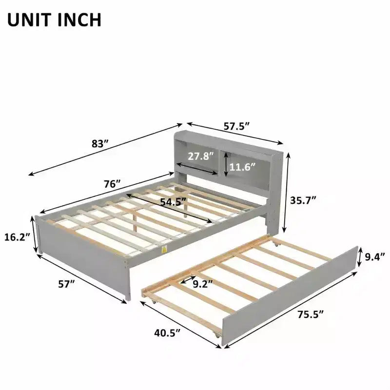 Whisen Full Size Bed & Bed Frame with Trundle and Bookcase Headboard