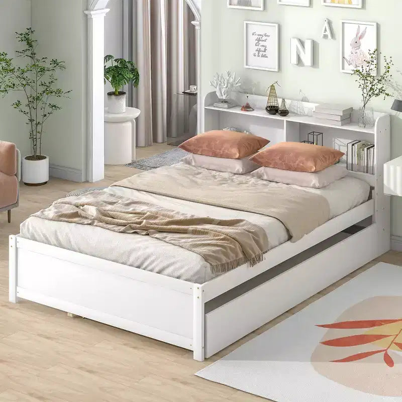 Whisen Full Size Bed & Bed Frame with Trundle and Bookcase Headboard