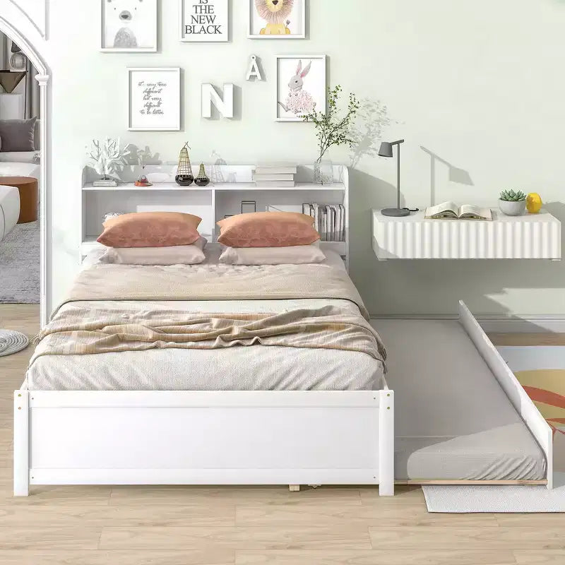 Whisen Full Size Bed & Bed Frame with Trundle and Bookcase Headboard