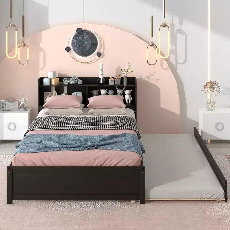 Whisen Full Size Bed & Bed Frame with Trundle and Bookcase Headboard