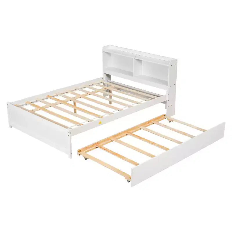 Whisen Full Size Bed & Bed Frame with Trundle and Bookcase Headboard