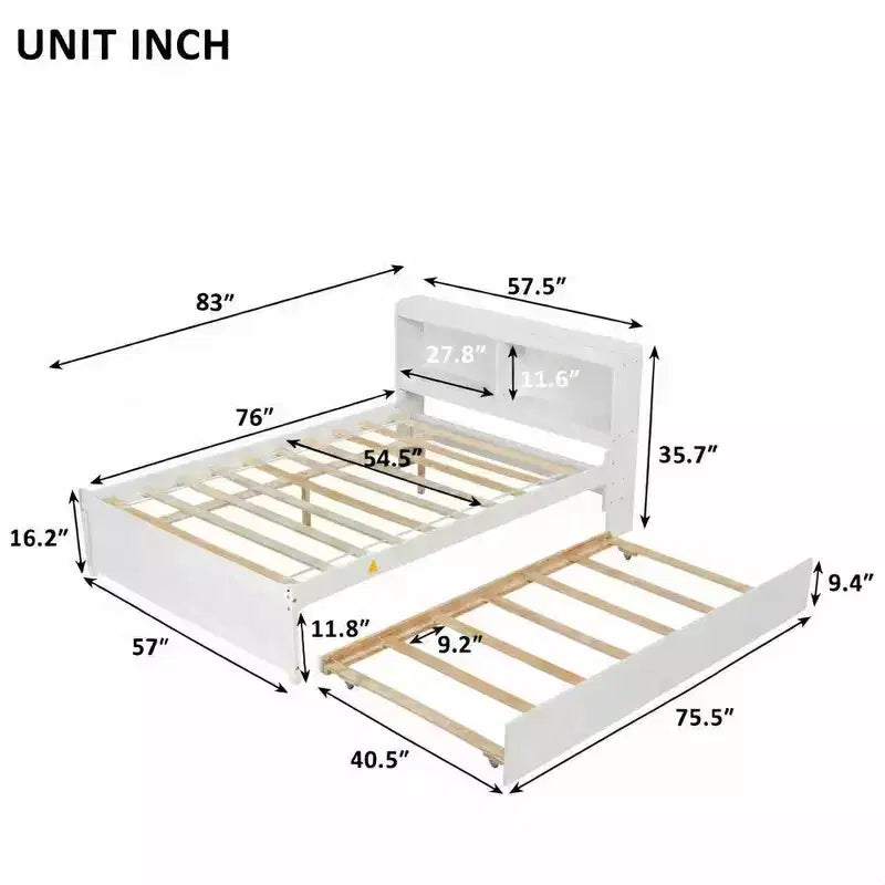 Whisen Full Size Bed & Bed Frame with Trundle and Bookcase Headboard