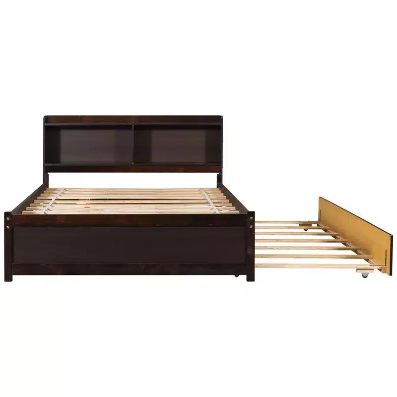 Whisen Full Size Bed & Bed Frame with Trundle and Bookcase Headboard