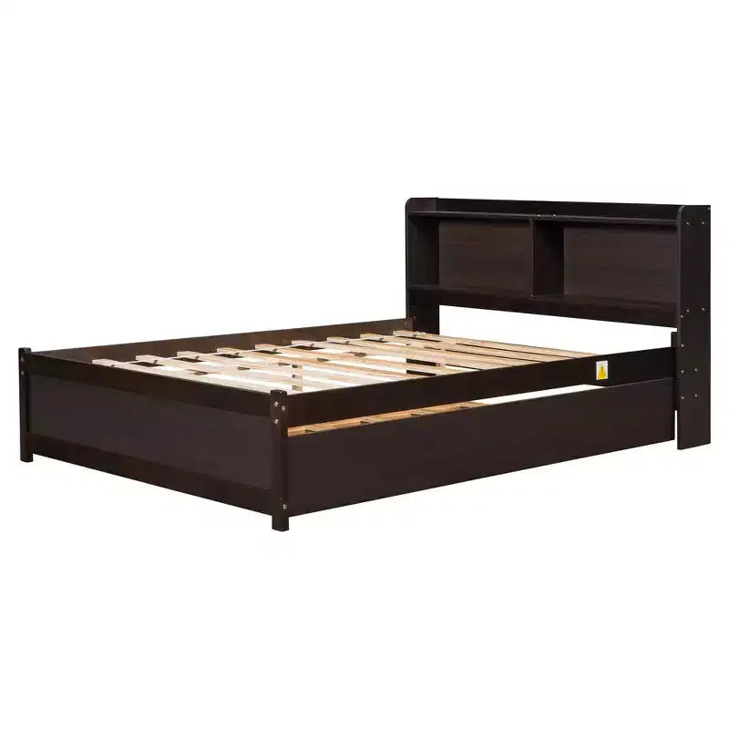Whisen Full Size Bed & Bed Frame with Trundle and Bookcase Headboard