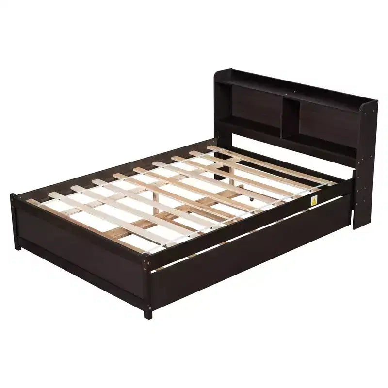 Whisen Full Size Bed & Bed Frame with Trundle and Bookcase Headboard