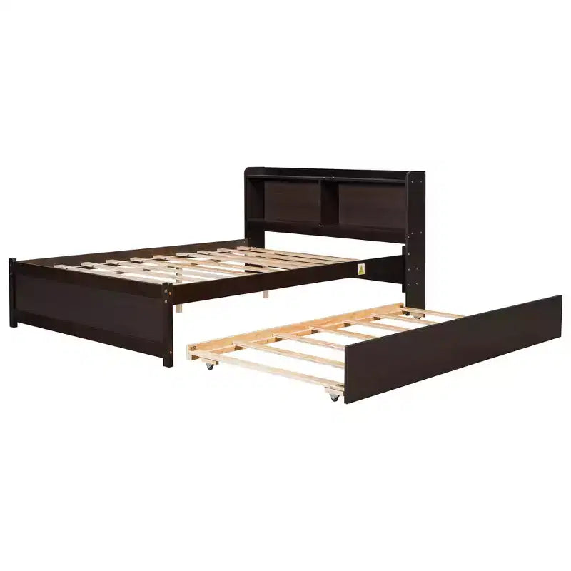 Whisen Full Size Bed & Bed Frame with Trundle and Bookcase Headboard
