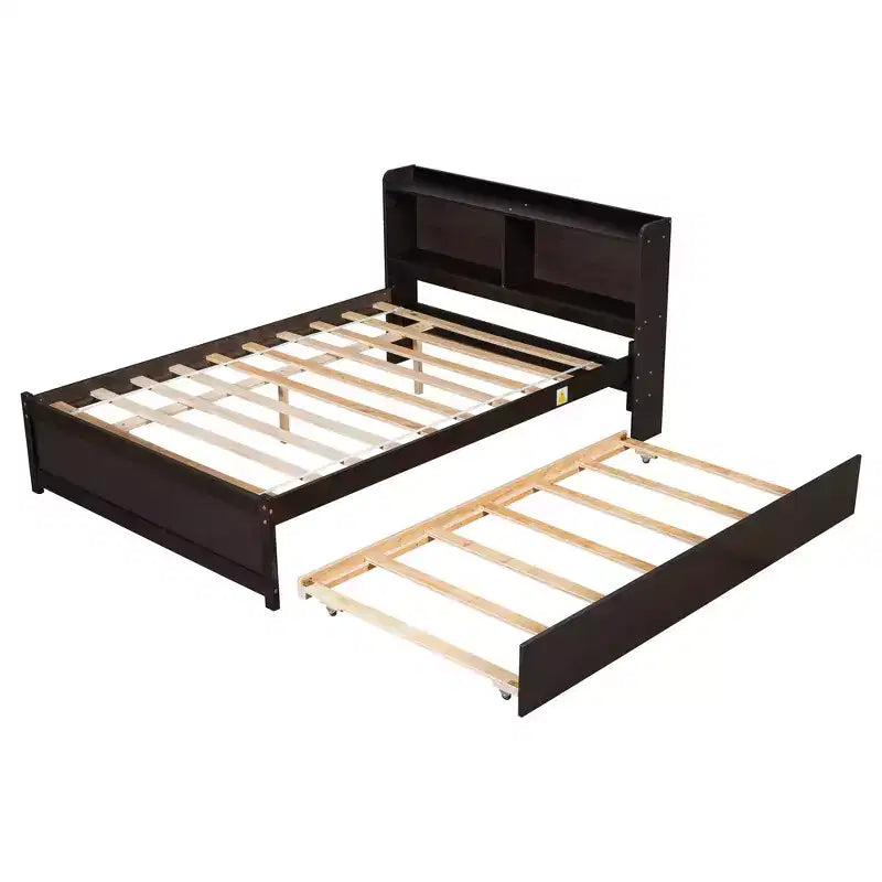 Whisen Full Size Bed & Bed Frame with Trundle and Bookcase Headboard