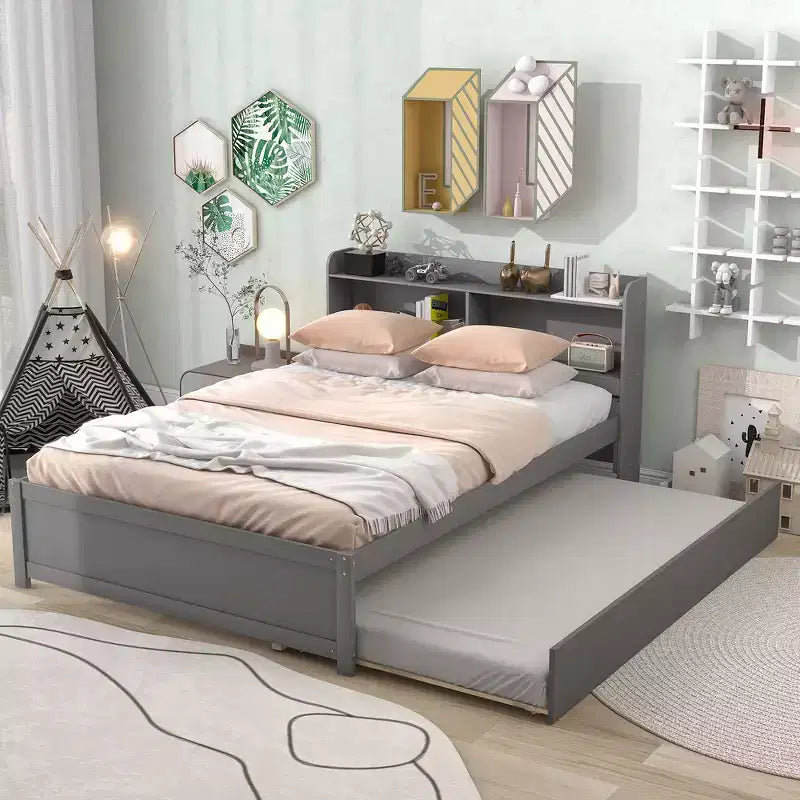Whisen Full Size Bed & Bed Frame with Trundle and Bookcase Headboard