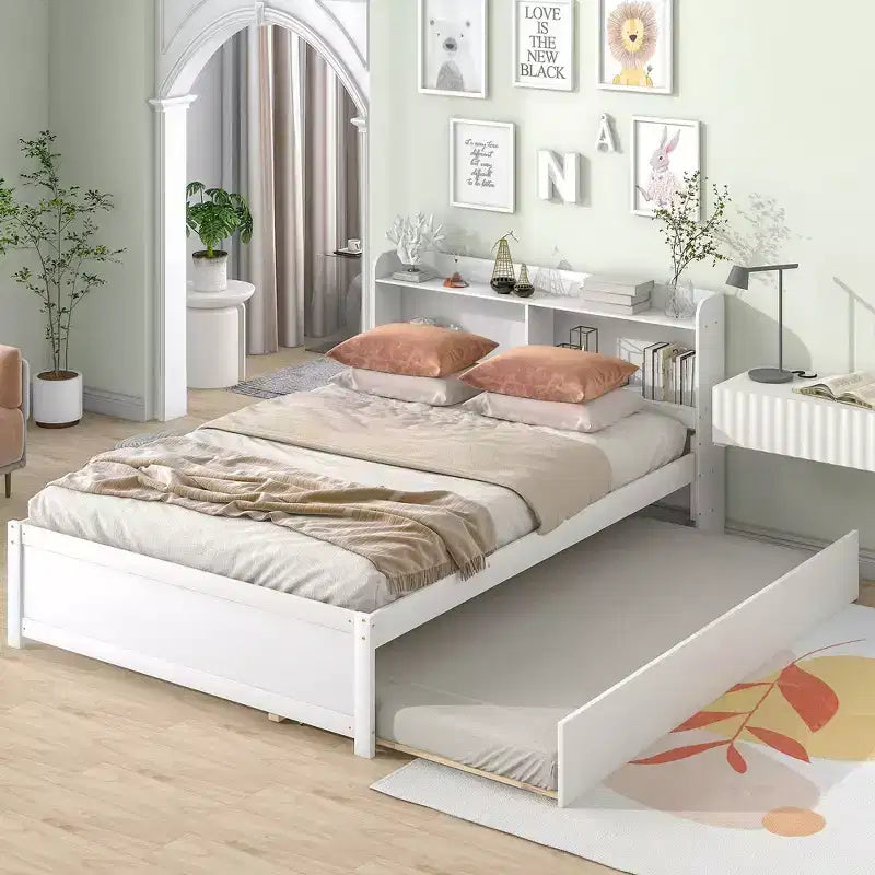 Whisen Full Size Bed & Bed Frame with Trundle and Bookcase Headboard