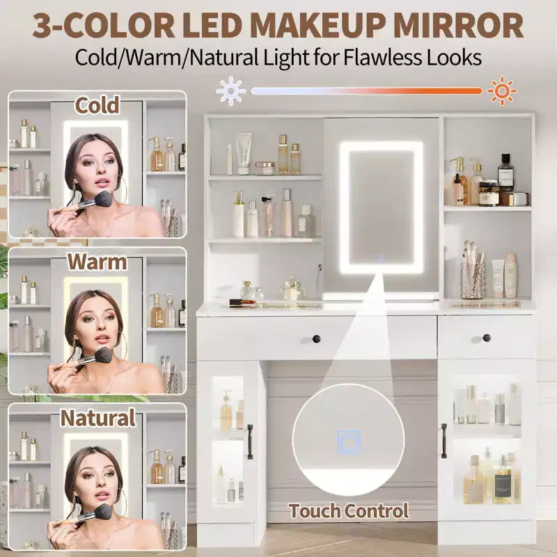 Sliding Mirror Vanity Desk, 7 Drawers, 6 Storage Shelves, Modern Makeup Vanity Table, Easy Assembly, for Home, Living Room