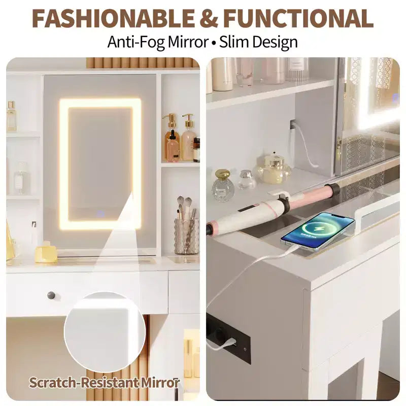 Sliding Mirror Vanity Desk, 7 Drawers, 6 Storage Shelves, Modern Makeup Vanity Table, Easy Assembly, for Home, Living Room