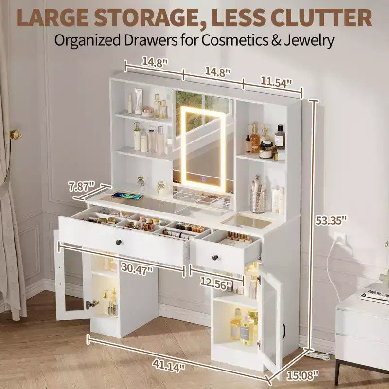 Sliding Mirror Vanity Desk, 7 Drawers, 6 Storage Shelves, Modern Makeup Vanity Table, Easy Assembly, for Home, Living Room